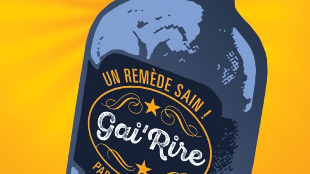 Bouteille d'alcool sur fond jaune avec étiquette "Gai'rire"